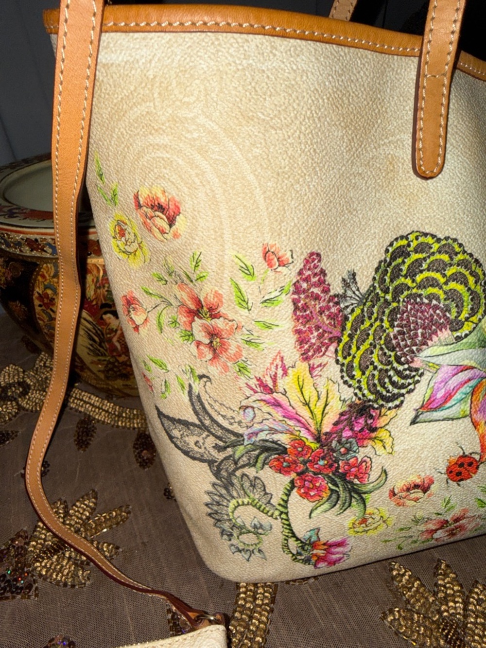 Floral Butterfly Canvas Tote with Pouch - Cream - Picture 3 of 16